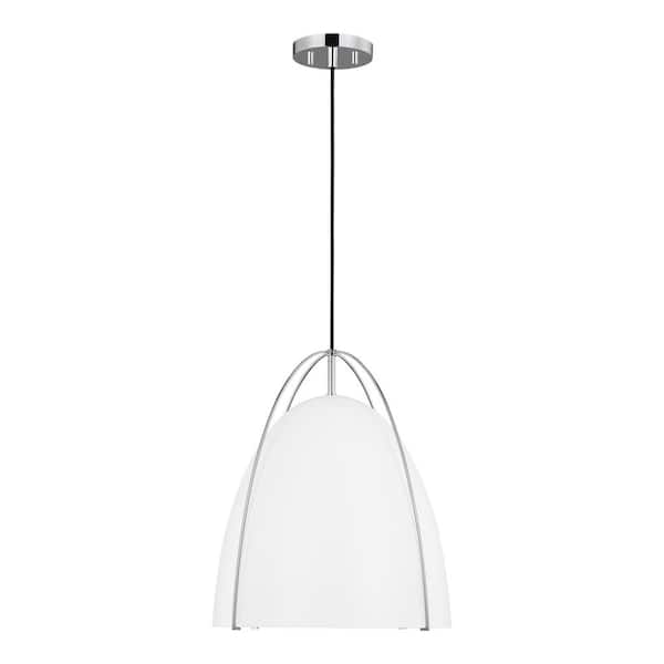 Generation Lighting Norman 1-Light Chrome Large Hanging Pendant Light with Matte White Steel Shade