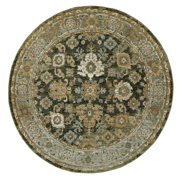 8' Round Green, Gold Oriental Washable Area Rug Runner Rug