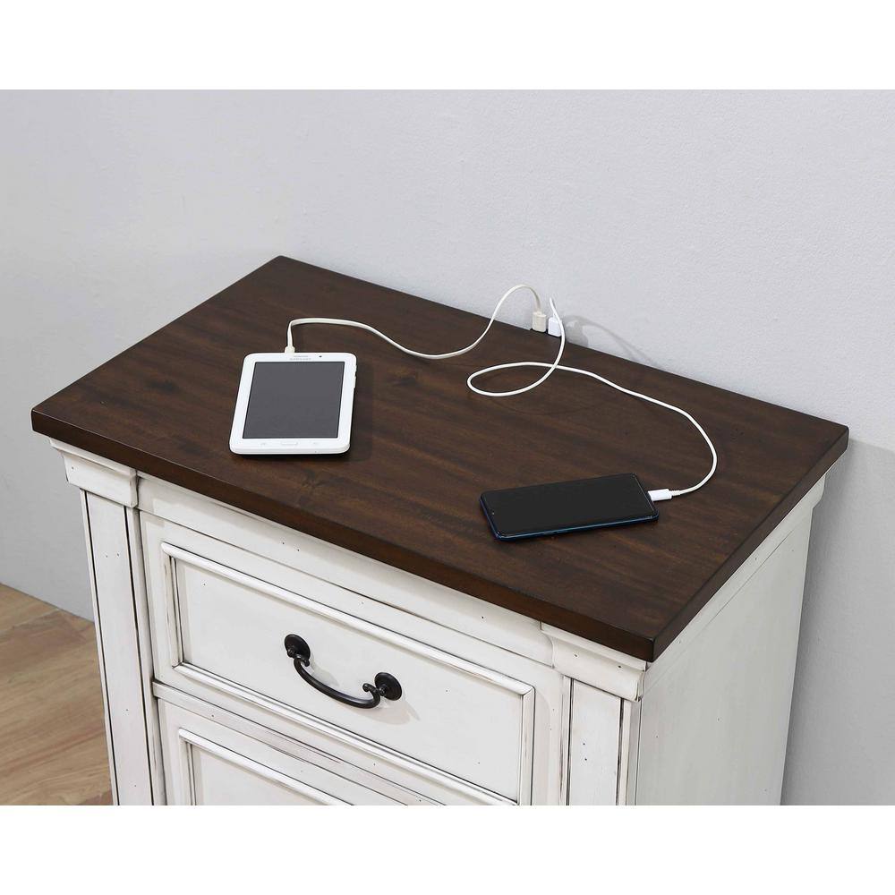 Hillcrest Transitional 2-Drawer Nightstand in White/Brown with USB Ports