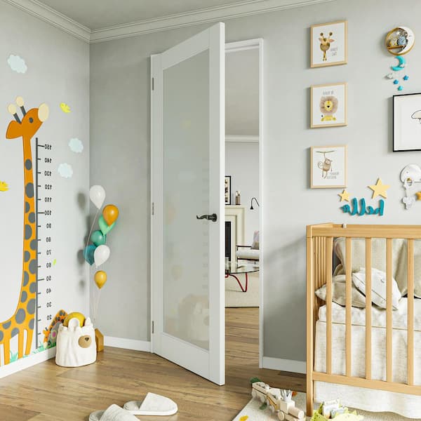 32 in. x 96 in. 1-Lite Frosted Glass Right-Hand White Solid Core Wood Assembly Required Single Interior Door with Jamb