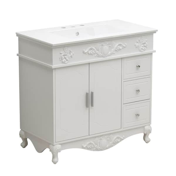 FUFU&GAGA 35.4 in. W x 19.1 in. D x 34.4 in. H Bath Vanity in White with White Ceramic Vanity Top, Sink, 3-Drawers, Carved Design