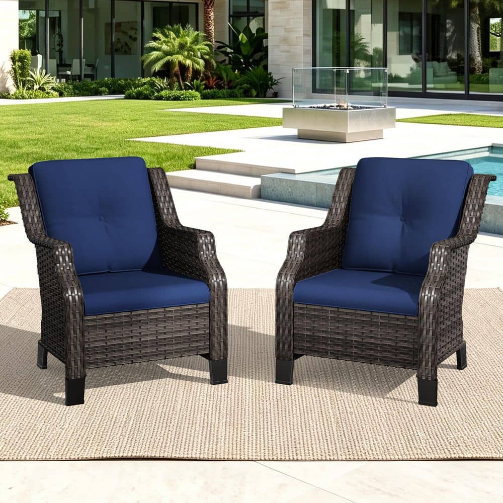 JOYSIDE 2-Piece Wicker Patio Outdoor Lounge Chair with Blue