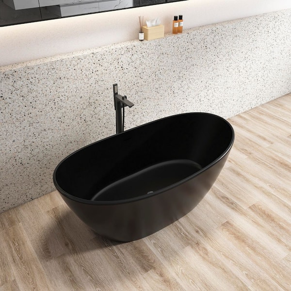 Moray 61 in. x 31.5 in. Solid Surface Stone Resin Flatbottom Freestanding Bathtub Soaking Bathtub in Matte Black