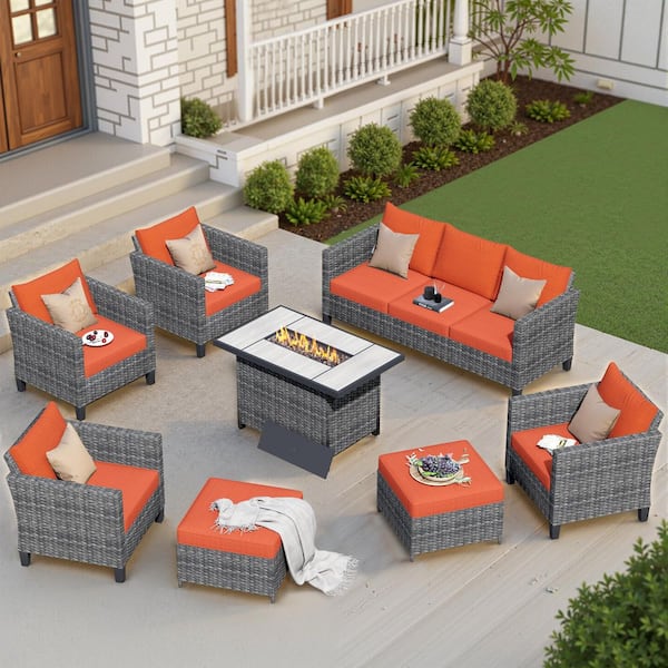 OVIOS New Star Gray 8-Piece Wicker Patio Rectangle Fire Pit Conversation Seating Set with Orange Red Cushions