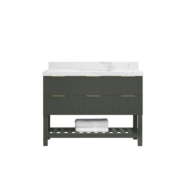 Willow Collections Catalina 48 in. Single Sink Freestanding Pewter Green Bath Vanity with Calacatta Nuvo Qt. Top Unassembled
