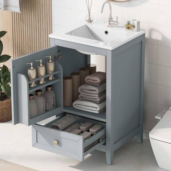 20 in. Freestanding Grey Bath Vanity with White Ceramic Top, Storage Rack and A Drawer