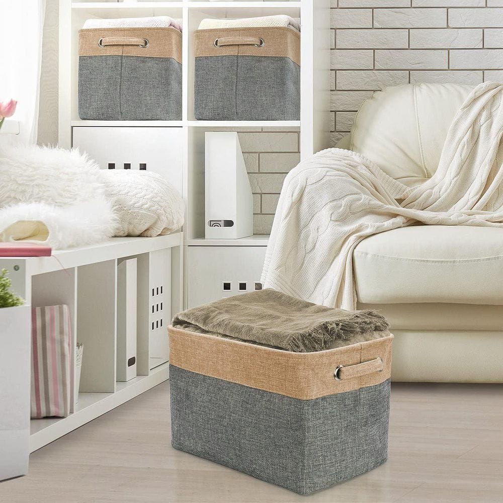 Neutral Cotton and Jute Rectangular Storage Bins with Handles - 3 Pack