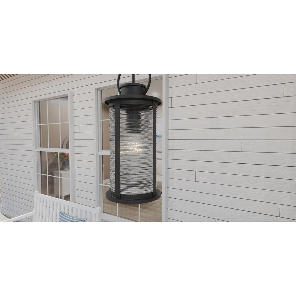 Tilmore Matte Black Ribbed Glass Outdoor Hanging Lantern