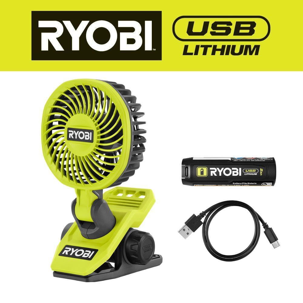 RYOBI USB Lithium Clamp Fan Kit with 2.0 Ah USB Lithium Battery and Charging Cable