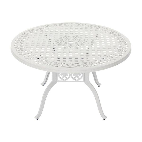 Outdoor Patio Round 47-In Cast Aluminum Dining Classic Pattern Table in White with Umbrella Hole