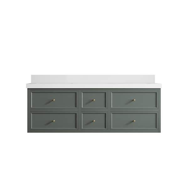 Willow Collections Roswell Floating 60 in. Double Sink Freestanding Pewter Green Bath Vanity with White Qt. Top Unassembled