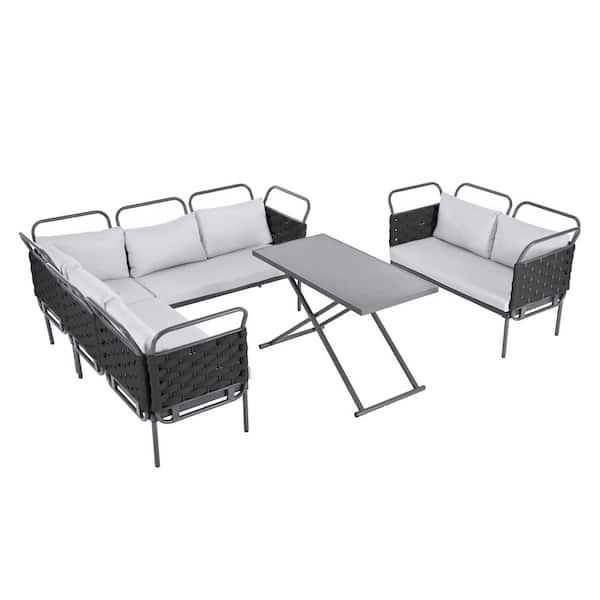 Sudzendf 5-Piece Metal Patio Conversation Set, Woven Rope Furniture Set with Gray Cushions and Glass Table