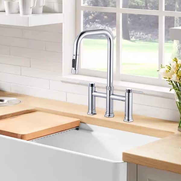 Double-Handle Bridge Kitchen Faucet with Pull-Down Sprayhead and 360° High-Arc Spout in Polished Chrome