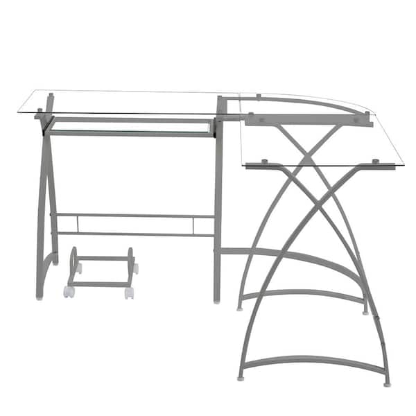 Acme Furniture Dazenus 51 in. L-Shaped Clear Glass and Silver Finish Metal Desk with Tempered Table Top