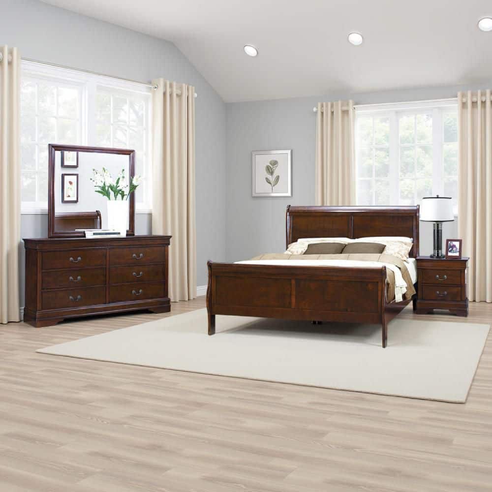 Benjara Fy 4-Piece Cherry Brown and Antique Brass Wood Queen Size