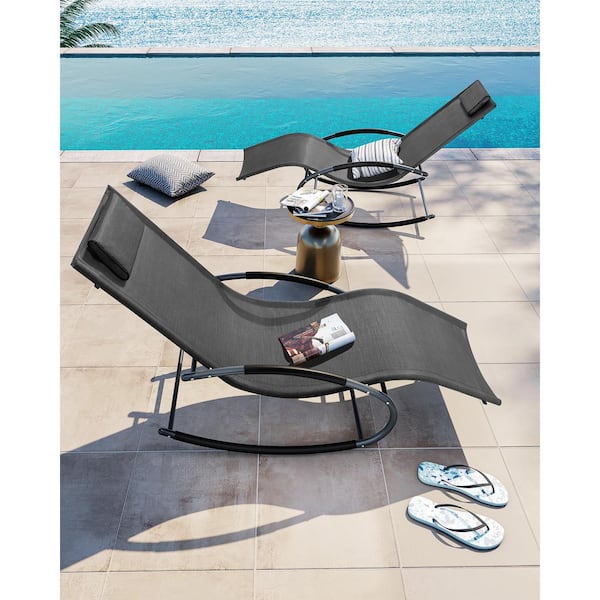 2-Piece Metal Outdoor Rocking Lounge Chair with Removable Headrest Teslin fabric Patio Rocking Lounge Chairs in Black