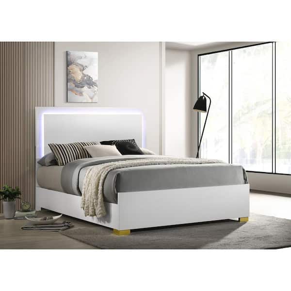 Marceline White Wood Frame Full Panel Bed with LED Headboard