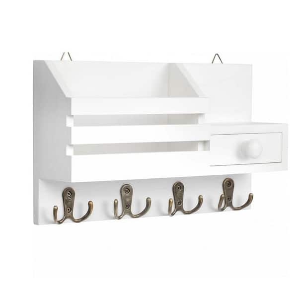 12.2 in. W x 3.2 in. D White Wooden Wall Mount Key & Mail