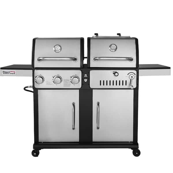 Royal Gourmet 3-Burners Propane Gas Grill and Charcoal Combo Grill in Stainless Steel with 2-Side Tables