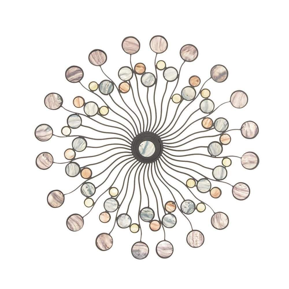 Multi-Colored Iron Sunburst Wall Sculpture with Marble Accents