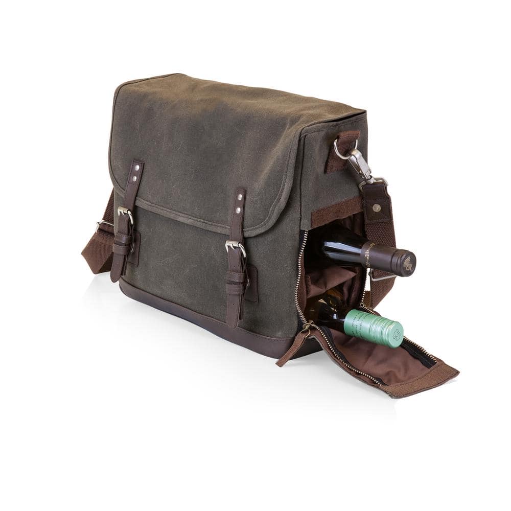 Khaki Green Waxed Canvas Wine Tote with Acacia Table