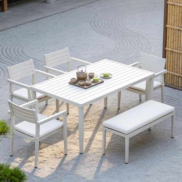 Coporesell Matte White 6-Piece Aluminum Outdoor Dining Set with White Cushion