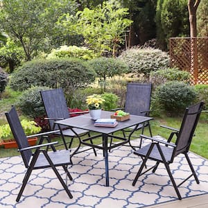 5-Piece Black Metal Patio Outdoor Dining Set with Square Table and Grey Folding Reclining Sling Chairs