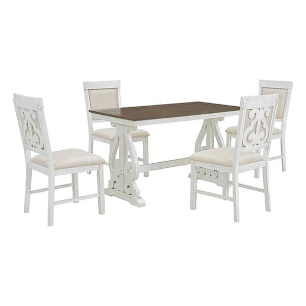 Nestfair 5-Piece Rectangular Brown and White MDF Top Dining Set with 4 Upholstered Chairs