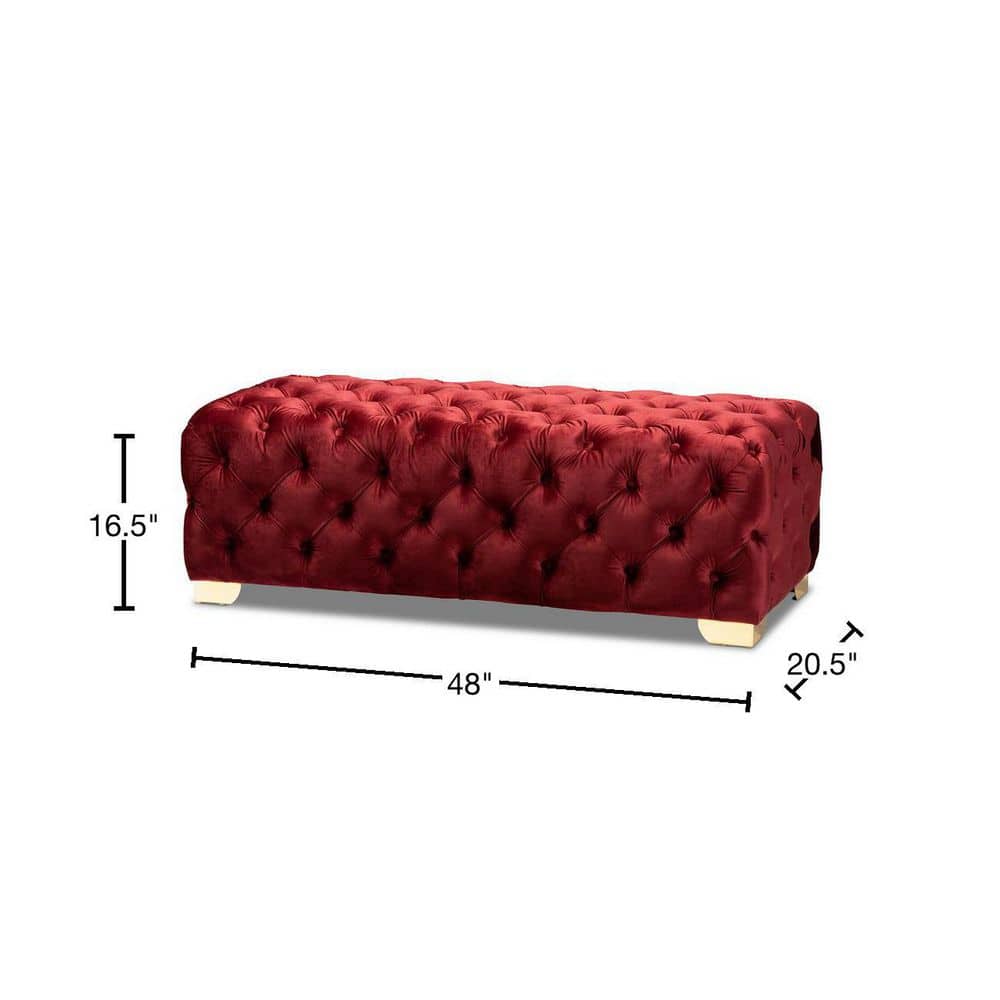 Avara Burgundy Velvet Button Tufted Bench Ottoman with Gold Legs