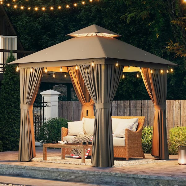 Beige Outdoor Gazebo for Patio 8 ft. x 8 ft. Metal Frame Canopy with Double Roofs, Heavy Duty Party Tent and Shelter