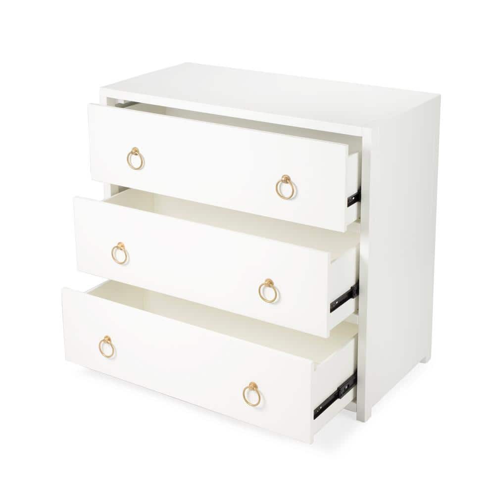 Elegant White Acacia 3-Drawer Chest with Gold Metallic Hardware