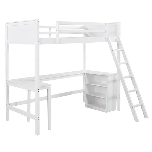 Athmile White Twin Size Loft Bed With Shelves And Desk Wooden Loft Bed With Desk Gz B2w2223 The Home Depot