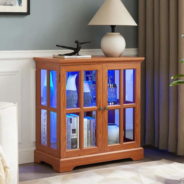 32 in. H LED Accent Cabinet, Curio Display Storage Bookcase Showcase with Adjustable Shelves, Lattice Doors, Dark Oak