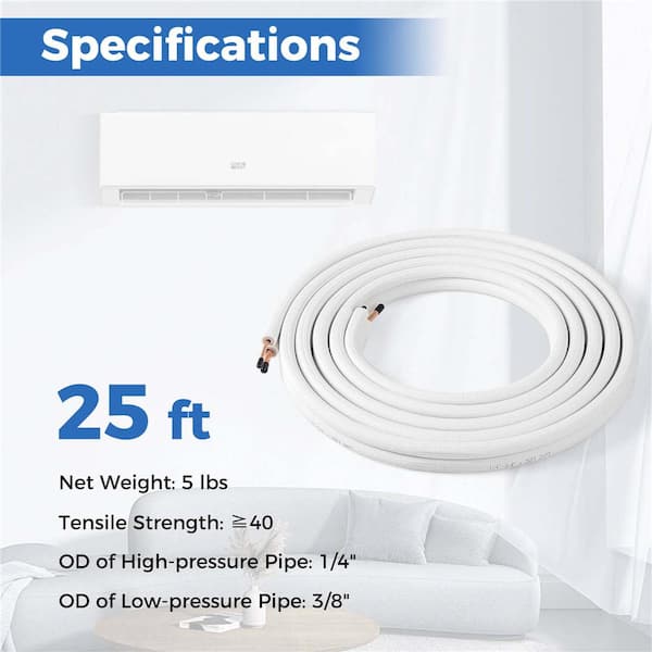 25 ft. Air Conditioning Copper Tubing Hose Extension for Mini Split AC Includes 1/4 in. and 3/8 in. O. D. Pipes