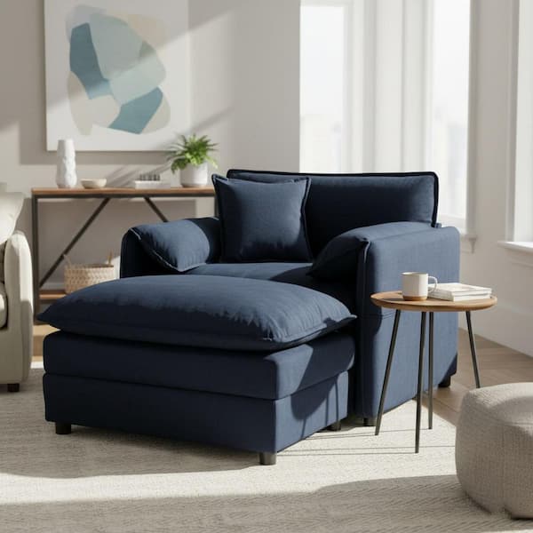 RKYI 57.5 in. Midnight Blue Chenille Oversized Accent Chair in Deep Seat, Cushioned Arms with Pillow and Modular Ottoman