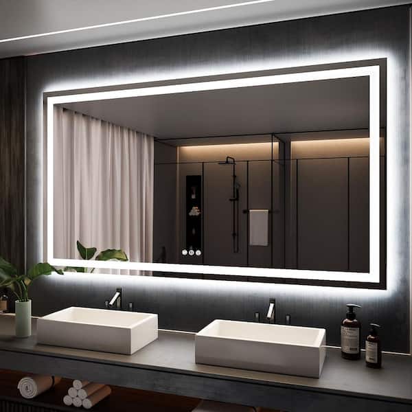 Apmir 72 in. W x 40 in. H Large Rectangular Frameless Double LED Lights Anti-Fog Wall Bathroom Vanity Mirror in Tempered Glass