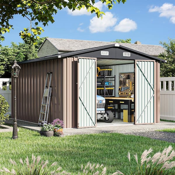SUNMTHINK 10 ft. W x 12 ft. D Brown Metal Storage Shed with