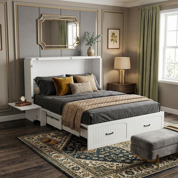 White Wood Frame Full Size Murphy Beds Chest of Drawer Storage Cabinet With Drawers, 2-Nightstand and Wheels