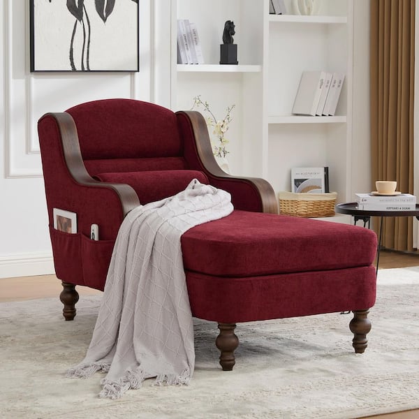 Modern Oversized Wine Red Chenille Solid Wood Frame Armrest Chaise Lounge with High Back Wide Seat and Upholstered