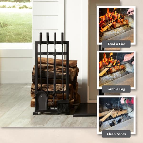 PloHearth - All-In-One Firewood fashion Wood Rack with Fireplace Tool Set, Black