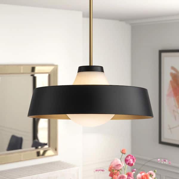 Alnora 1-Light Modern Black Dome Pendant Light with Milky White Frosted Glass Globe Bubble Shade