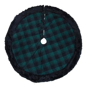 48 in. Green and Black Plaid Christmas Tree Skirt with Faux Fur