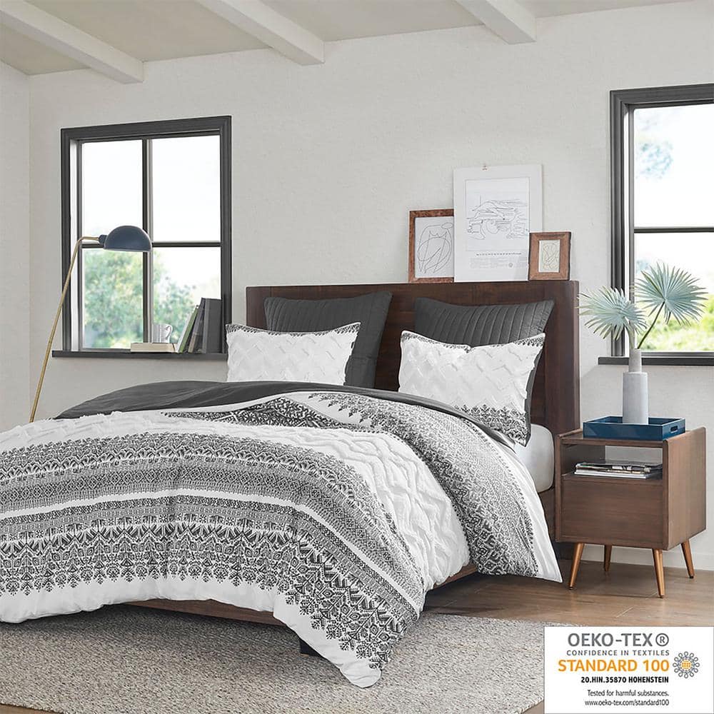 Mila Gray Cotton King Duvet Cover Set with Chenille Tufting