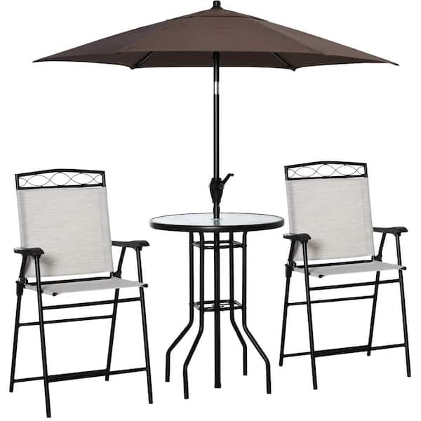 Unbranded 4-Pieces Beige Metal Outdoor Dining Furniture Set, 2 Folding Chairs, Adjustable Angle Umbrella, Tempered Glass Table
