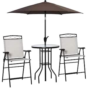 4-Pieces Beige Metal Outdoor Dining Furniture Set, 2 Folding Chairs, Adjustable Angle Umbrella, Tempered Glass Table