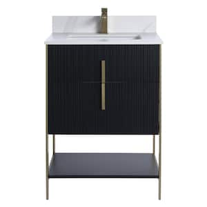 24 in. W x 18 in. D x 33.5 in. H Bath Vanity in Matte Black with White Sintered Stone Top with Satin Brass Hardware