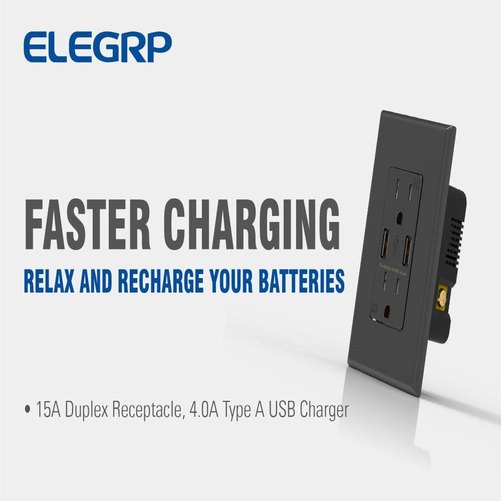 Black 15A Tamper Resistant Duplex Outlet with USB-C Ports