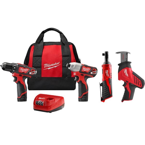Milwaukee M12 12V Lithium-Ion Cordless Drill Driver/Impact Driver/Ratchet Combo Kit (3-Tool) w/ M12 HACKZALL Reciprocating Saw