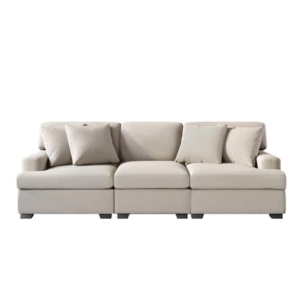 Modern Linen Fabric 3 Seat Sofa with Removable Back and Seat Cushions, Upholstered Loveseat with 4 Pillows for Living Room - Beige