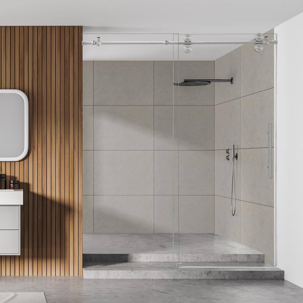 68" Frameless Clear Glass Sliding Shower Door with Brushed Nickel Finish
